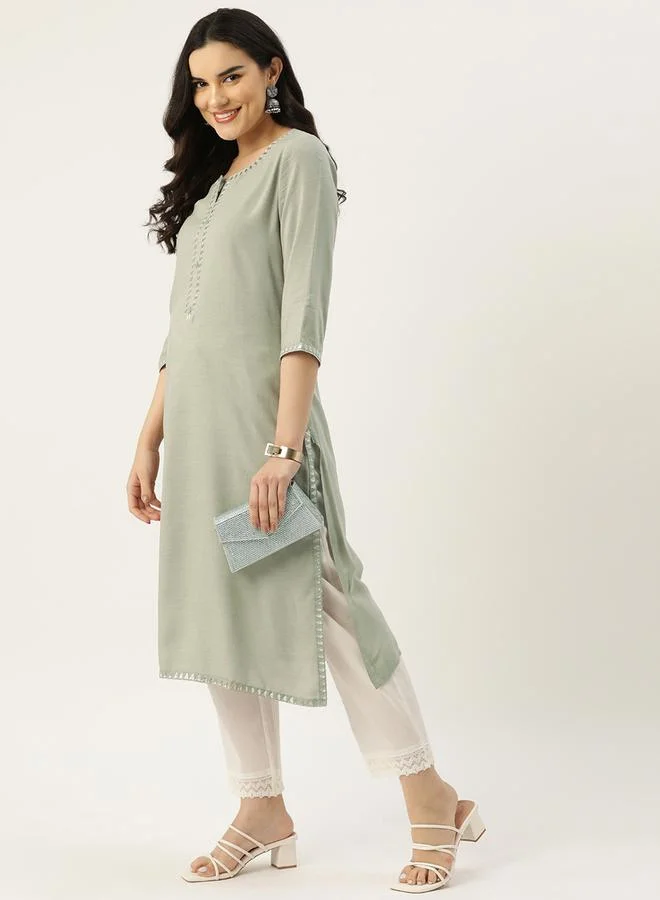 Rue Collection  Women Grey Cotton Embroidered Kurta for Women | Best Price UAE